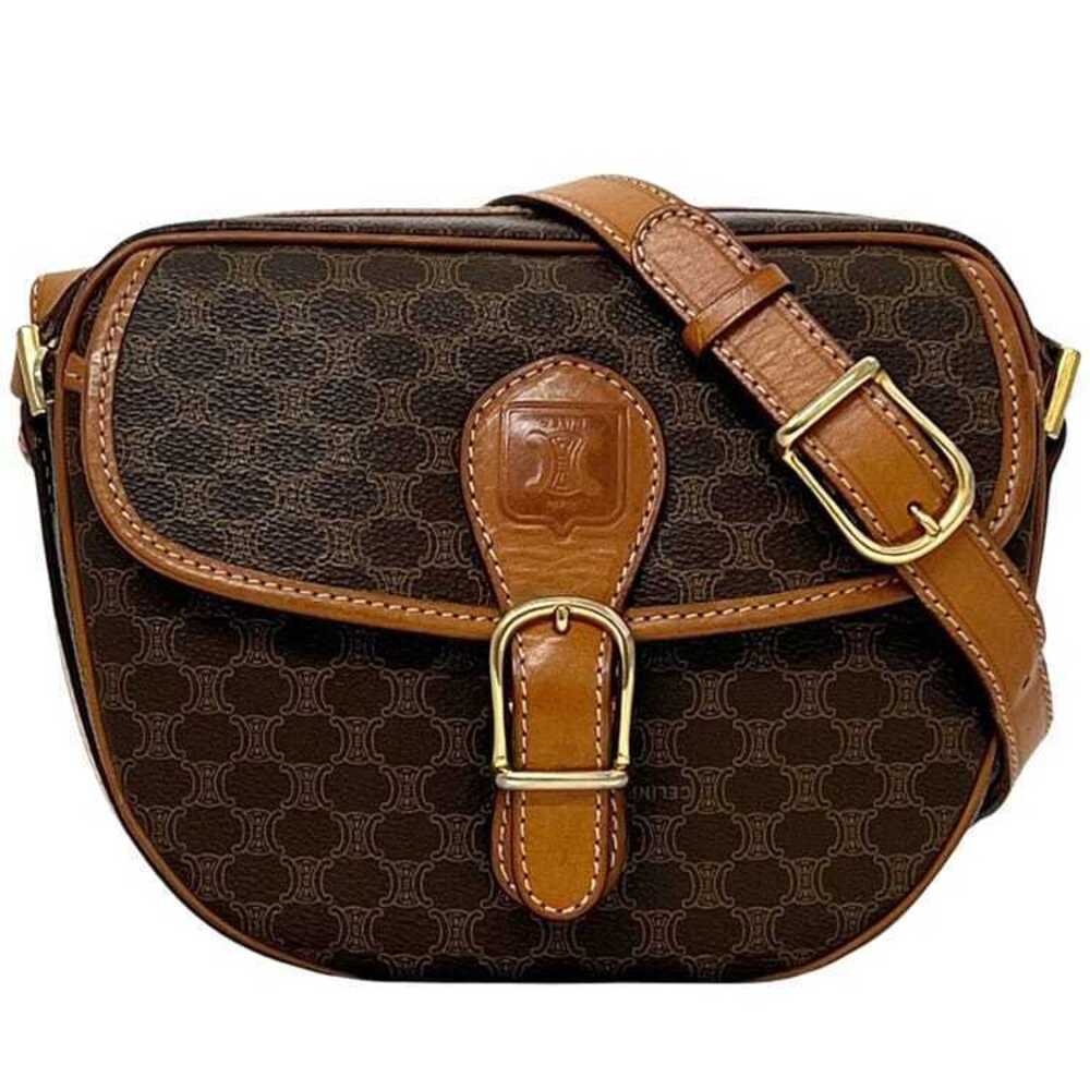 Celine Shoulder Bag Brown Macadam Leather Crossbody Zipper Logo All over Flap